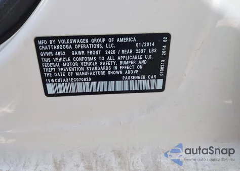 2014 Volkswagen Passat 2.0L Tdi Sel Premium z USA, uszkodzony, nr VIN 1VWCN7A31EC070920